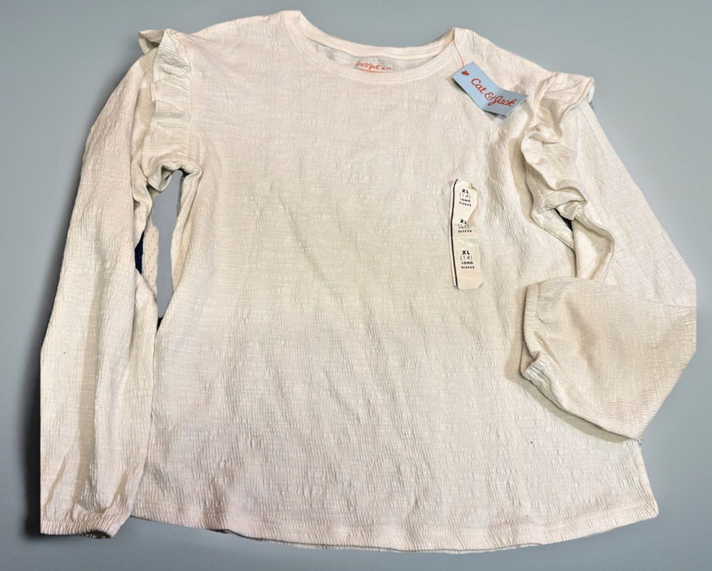 Cat And Jack Textured Long Sleeve Top With Ruffles Cream Girls XL 14 NWT